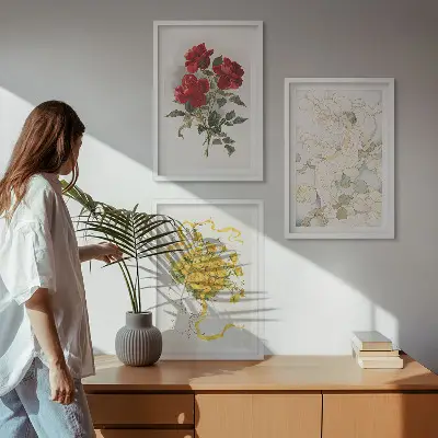 Conjunto de quadros para sala de estar com estampa de rosas vermelhas e brancas