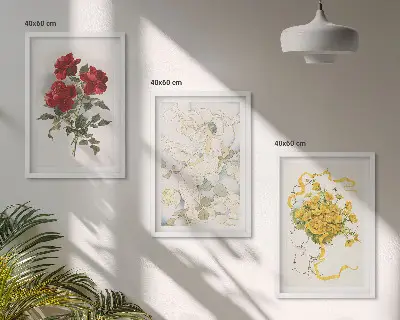 Conjunto de quadros para sala de estar com estampa de rosas vermelhas e brancas