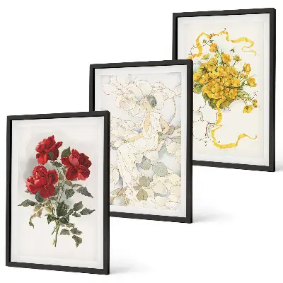 Conjunto de quadros para sala de estar com estampa de rosas vermelhas e brancas