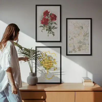 Conjunto de quadros para sala de estar com estampa de rosas vermelhas e brancas