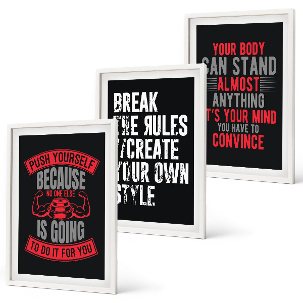 Conjunto de 3 quadros com moldura Motivação, treinamento, autodesenvolvimento