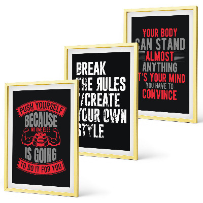 Conjunto de 3 quadros com moldura Motivação, treinamento, autodesenvolvimento