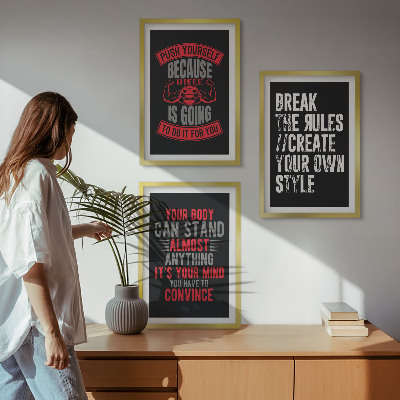 Conjunto de 3 quadros com moldura Motivação, treinamento, autodesenvolvimento