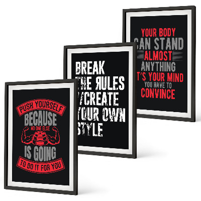 Conjunto de 3 quadros com moldura Motivação, treinamento, autodesenvolvimento