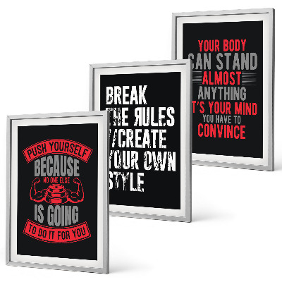 Conjunto de 3 quadros com moldura Motivação, treinamento, autodesenvolvimento