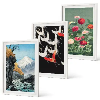 Conjunto de quadros para sala de estar com estampa de montanhas, cachoeira, pássaros e flores
