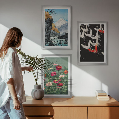 Conjunto de quadros para sala de estar Montanhas cachoeira pássaros flores