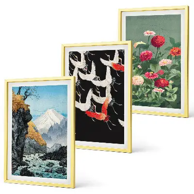 Conjunto de quadros para sala de estar com estampa de montanhas, cachoeira, pássaros e flores