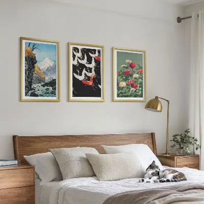Conjunto de quadros para sala de estar com estampa de montanhas, cachoeira, pássaros e flores