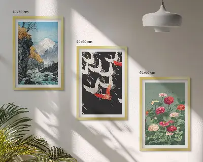 Conjunto de quadros para sala de estar com estampa de montanhas, cachoeira, pássaros e flores
