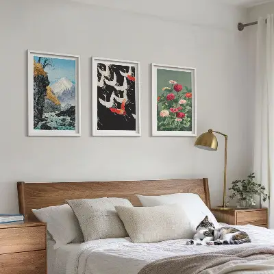 Conjunto de quadros para sala de estar com estampa de montanhas, cachoeira, pássaros e flores