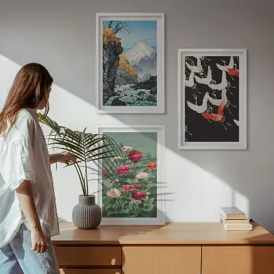 Conjunto de quadros para sala de estar com estampa de montanhas, cachoeira, pássaros e flores