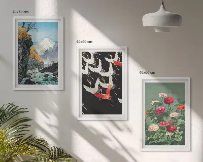 Conjunto de quadros para sala de estar com estampa de montanhas, cachoeira, pássaros e flores