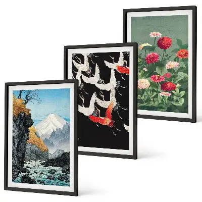 Conjunto de quadros para sala de estar com estampa de montanhas, cachoeira, pássaros e flores