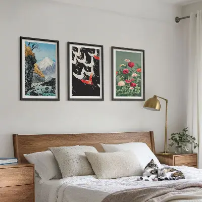 Conjunto de quadros para sala de estar com estampa de montanhas, cachoeira, pássaros e flores