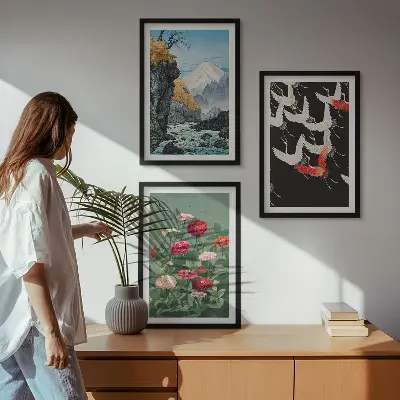Conjunto de quadros para sala de estar com estampa de montanhas, cachoeira, pássaros e flores