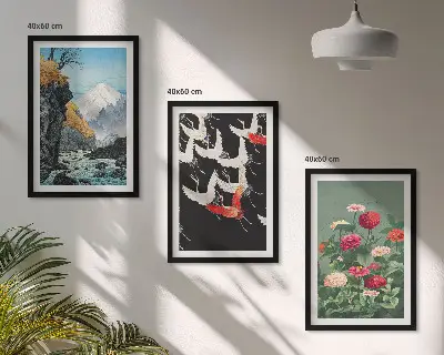 Conjunto de quadros para sala de estar com estampa de montanhas, cachoeira, pássaros e flores
