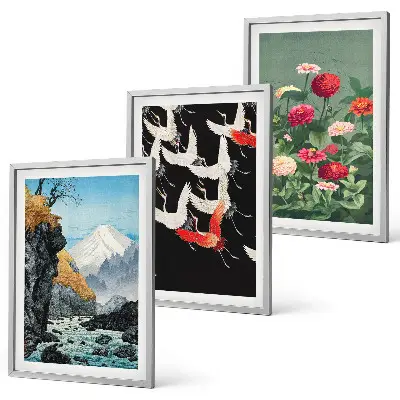 Conjunto de quadros para sala de estar com estampa de montanhas, cachoeira, pássaros e flores