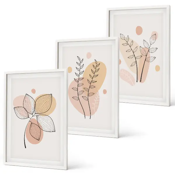 Conjunto de 3 quadros com moldura com desenhos de plantas em tons pastel