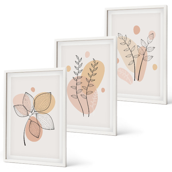 Conjunto de 3 quadros com moldura Desenhos de plantas em pastel