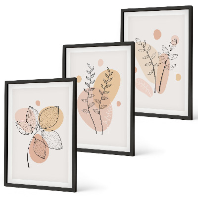 Conjunto de 3 quadros com moldura Desenhos de plantas em pastel