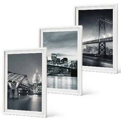 Conjunto de quadros para sala de estar com tema de pontes e arquitetura urbana em tons de cinza