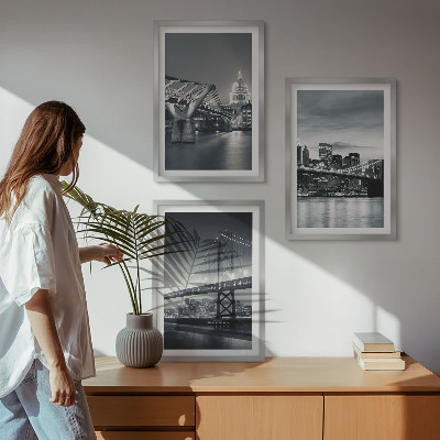 Conjunto de quadros para sala de estar Pontes, arquitetura urbana, cinza