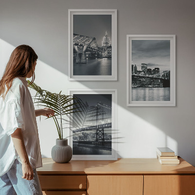 Conjunto de quadros para sala de estar Pontes, arquitetura urbana, cinza