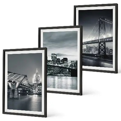 Conjunto de quadros para sala de estar com tema de pontes e arquitetura urbana em tons de cinza
