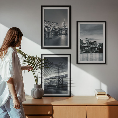 Conjunto de quadros para sala de estar Pontes, arquitetura urbana, cinza