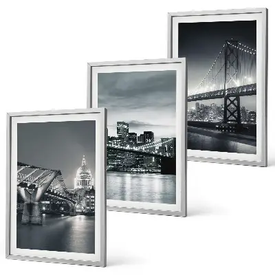 Conjunto de quadros para sala de estar com tema de pontes e arquitetura urbana em tons de cinza