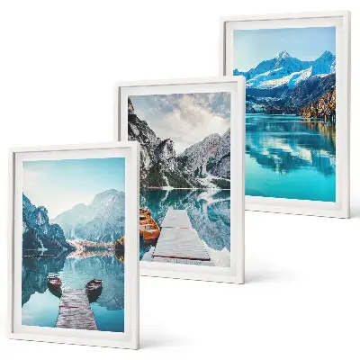 Composição de quadros moderna com barcos em lagos de montanha