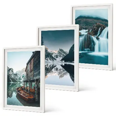 Conjunto de 3 quadros com moldura de paisagens montanhosas com cachoeira e lago