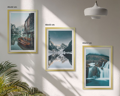 Conjunto de 3 quadros com moldura Paisagens montanhosas, cachoeira e lago