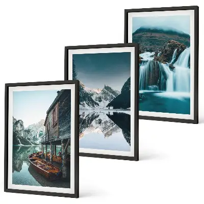 Conjunto de 3 quadros com moldura de paisagens montanhosas com cachoeira e lago