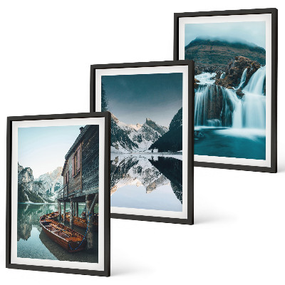 Conjunto de 3 quadros com moldura Paisagens montanhosas, cachoeira e lago