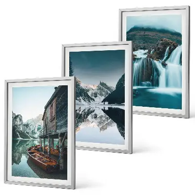 Conjunto de 3 quadros com moldura de paisagens montanhosas com cachoeira e lago