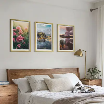 Conjunto de quadros para sala de estar com estampa de jardim de flores, montanhas e água