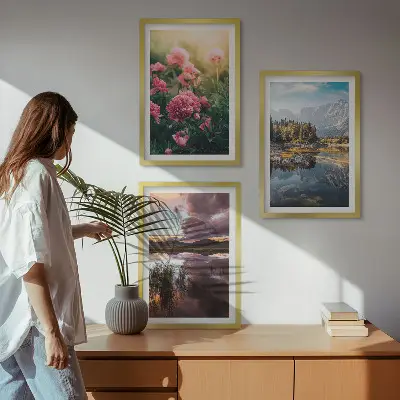 Conjunto de quadros para sala de estar com estampa de jardim de flores, montanhas e água