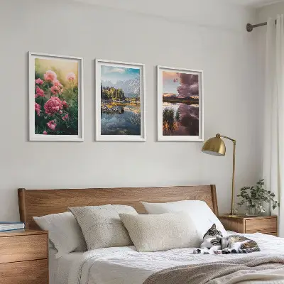 Conjunto de quadros para sala de estar com estampa de jardim de flores, montanhas e água