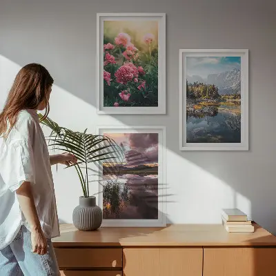Conjunto de quadros para sala de estar com estampa de jardim de flores, montanhas e água