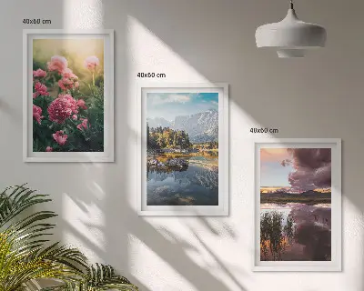 Conjunto de quadros para sala de estar com estampa de jardim de flores, montanhas e água