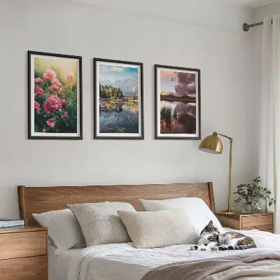 Conjunto de quadros para sala de estar com estampa de jardim de flores, montanhas e água