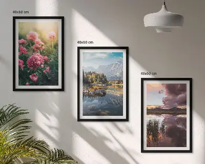 Conjunto de quadros para sala de estar com estampa de jardim de flores, montanhas e água