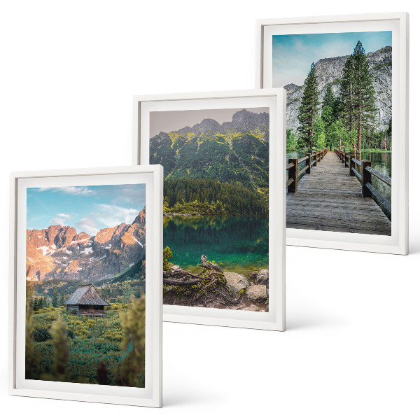Composição de quadros moderna paisagem montanhosa, lago, ponte
