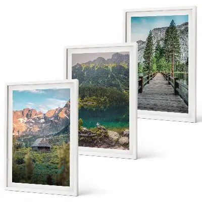 Composição de quadros moderna com paisagem de montanhas, lago e ponte