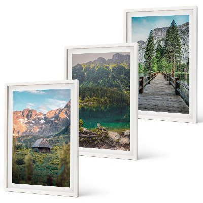 Composição de quadros moderna paisagem montanhosa, lago, ponte