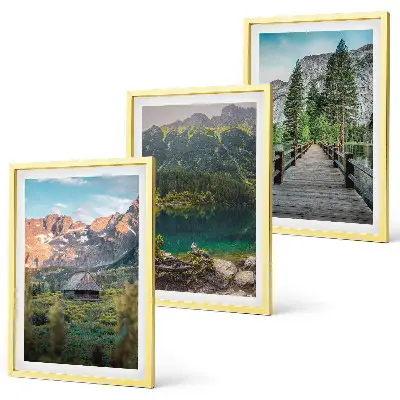 Composição de quadros moderna com paisagem de montanhas, lago e ponte