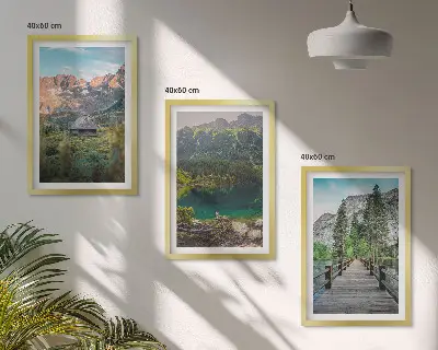 Composição de quadros moderna com paisagem de montanhas, lago e ponte