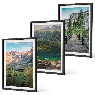 Composição de quadros moderna com paisagem de montanhas, lago e ponte